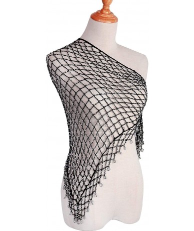 Cover-Ups Womens Crochet Knitted Beads Hollow Out Beach Sarong Wrap Cover Up Wedding Flapper Cape Shawl - Black - CS18RAK0MQK...