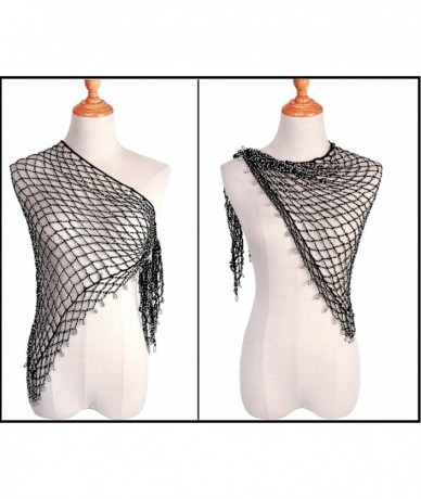 Cover-Ups Womens Crochet Knitted Beads Hollow Out Beach Sarong Wrap Cover Up Wedding Flapper Cape Shawl - Black - CS18RAK0MQK...