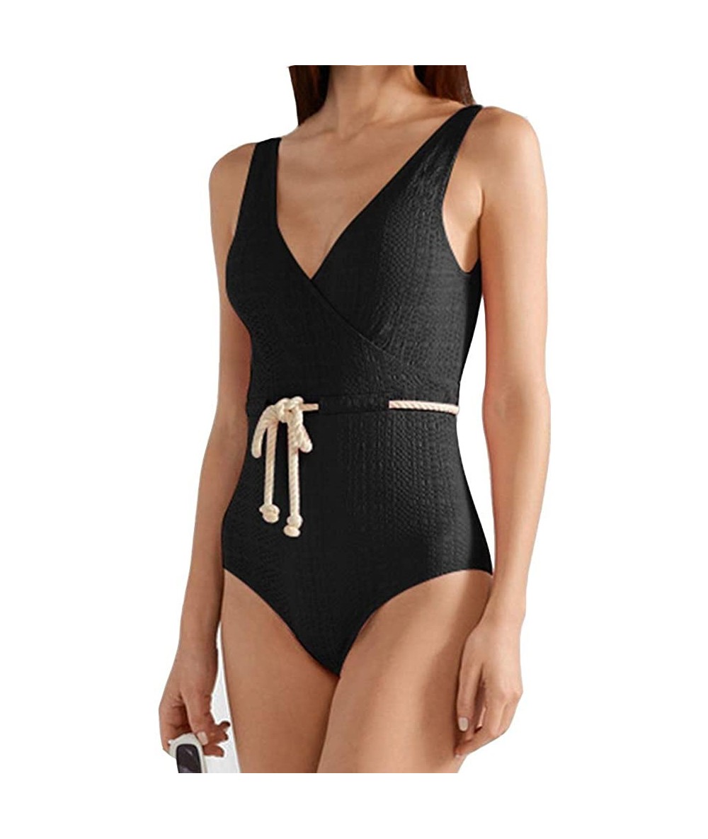 One-Pieces Women One Piece Swimsuit Sexy Deep V Seersucker Monokini Bathing Suit - Black - CK18TC5ZCNY $15.97