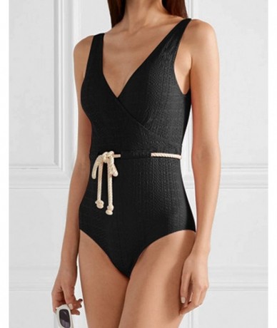 One-Pieces Women One Piece Swimsuit Sexy Deep V Seersucker Monokini Bathing Suit - Black - CK18TC5ZCNY $15.97