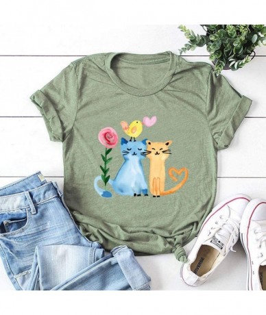 One-Pieces Women Cat Printed Shirt Casual Graphic Plus Size Tees Holiday Comfy Tops-Short Sleeve Summer Tshirt Green - C0197E...