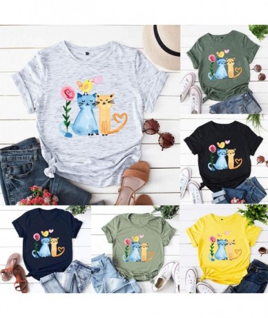 One-Pieces Women Cat Printed Shirt Casual Graphic Plus Size Tees Holiday Comfy Tops-Short Sleeve Summer Tshirt Green - C0197E...