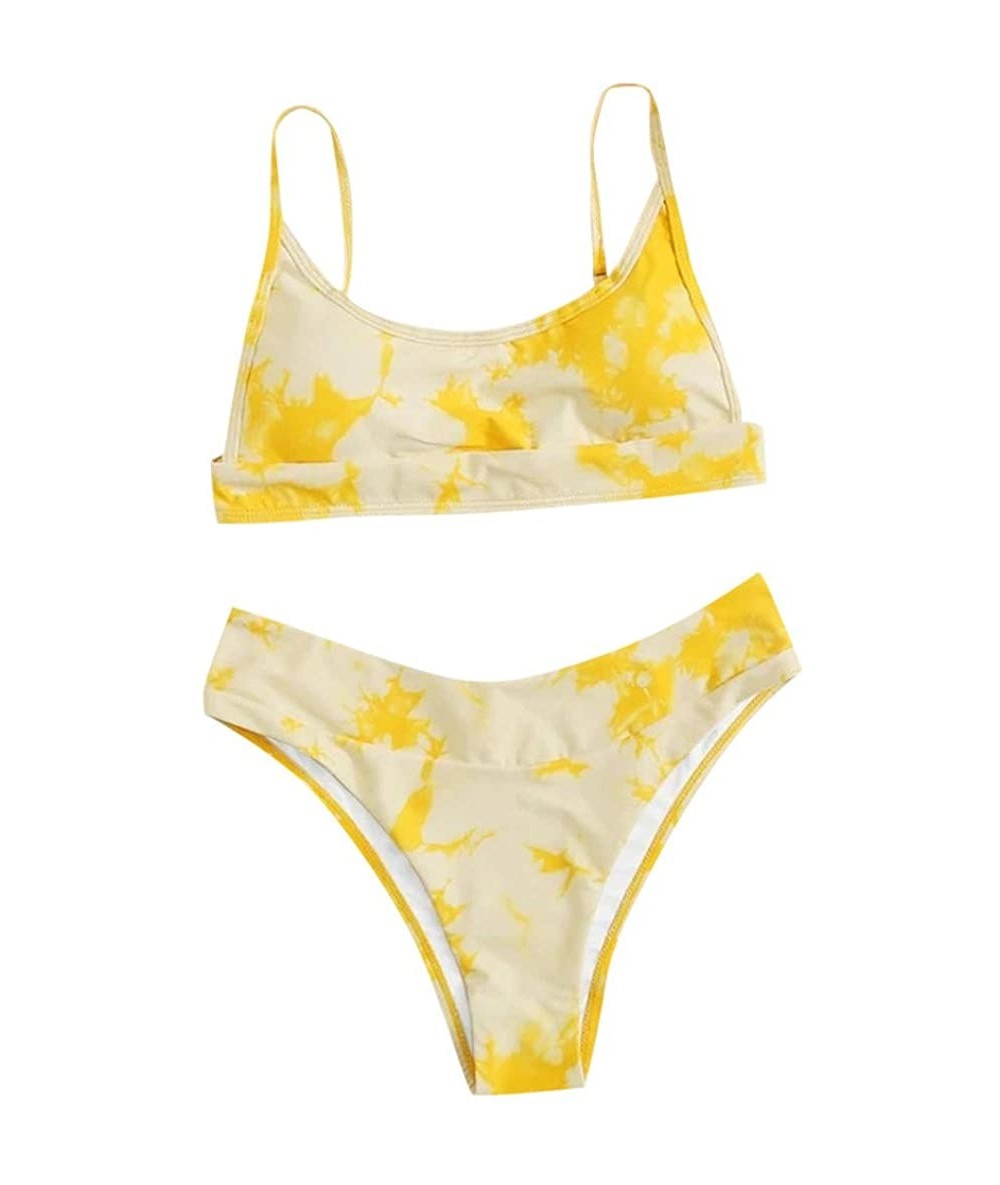 Sets Printing Padded Push up Bikini Women Ribbed Bikini Cheeky Bottom v Neck Brazilian Top 2 Piece Bathing Suits B yellow - C...