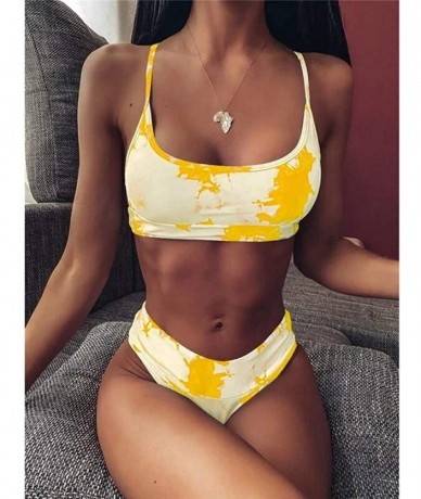 Sets Printing Padded Push up Bikini Women Ribbed Bikini Cheeky Bottom v Neck Brazilian Top 2 Piece Bathing Suits B yellow - C...