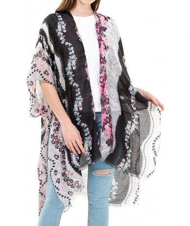 Cover-Ups Women's Kimono Lightweight Beach Cover Up Chiffon Cardigan Sun Protective Summer Dress Floral Blouse Beachwear - Bl...