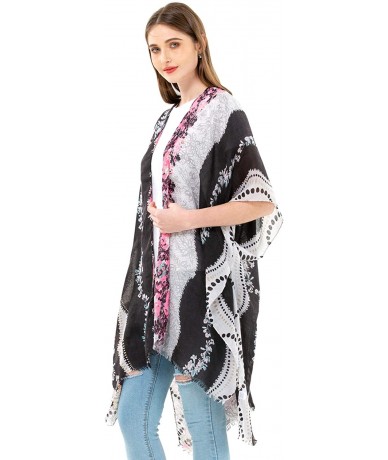 Cover-Ups Women's Kimono Lightweight Beach Cover Up Chiffon Cardigan Sun Protective Summer Dress Floral Blouse Beachwear - Bl...