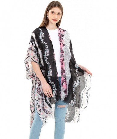 Cover-Ups Women's Kimono Lightweight Beach Cover Up Chiffon Cardigan Sun Protective Summer Dress Floral Blouse Beachwear - Bl...