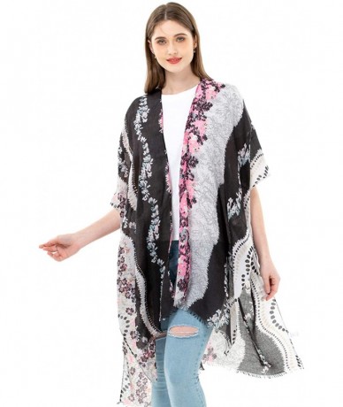 Cover-Ups Women's Kimono Lightweight Beach Cover Up Chiffon Cardigan Sun Protective Summer Dress Floral Blouse Beachwear - Bl...