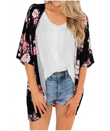 Cover-Ups Chiffon Floral Sheer Beach Kimonos for Women Cardigan Cover Up - Black - C919C6SN3W2 $20.59