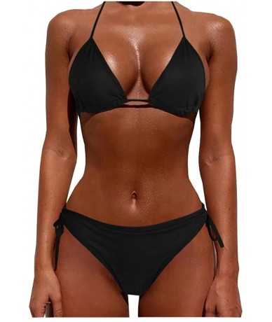 Tops Women Tie Side Bottom Padded Top Triangle Bikini String Beach Bathing Suit Two Piece Swimsuit - Black - CI196OY0GRR $21.58