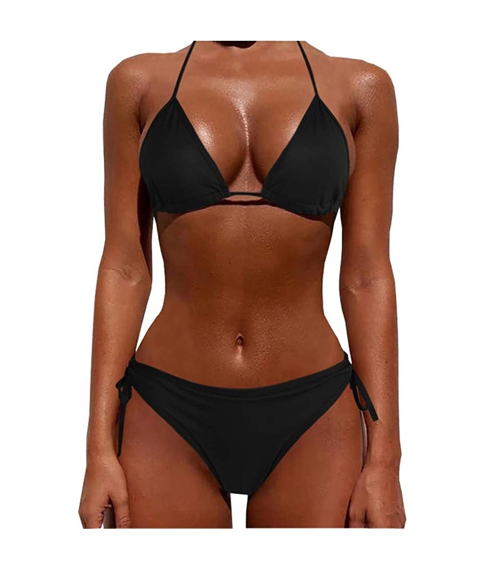 Tops Women Tie Side Bottom Padded Top Triangle Bikini String Beach Bathing Suit Two Piece Swimsuit - Black - CI196OY0GRR $21.58