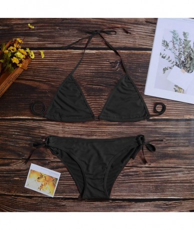 Tops Women Tie Side Bottom Padded Top Triangle Bikini String Beach Bathing Suit Two Piece Swimsuit - Black - CI196OY0GRR $21.58