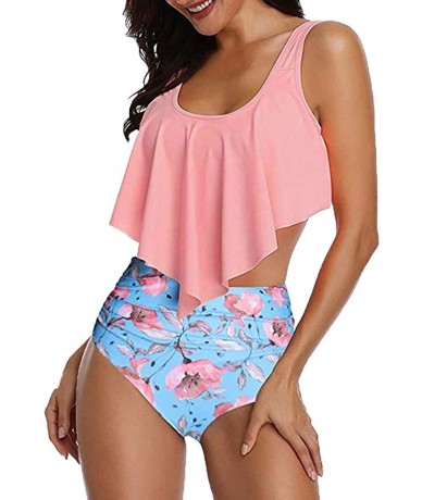 Sets Women Swimsuits Ruffled Racerback Floral Print High Waisted Two Piece Tankini Bathing Suits Top Bottom Bikini Sets - Pin...