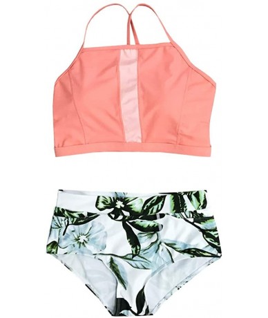 Sets Women's High Neck Crop Top Bikini Set High Waisted Swimsuit Bathing Suit - F - C018Q3CZ4DG $34.46