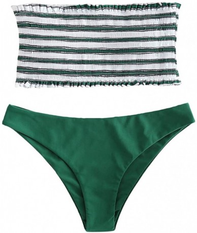 Sets Women's Striped Smocked Bandeau Strapless Two Piece Bikini Set Swimsuit Bathing Suits - Green - CZ196WSYOUQ $31.85