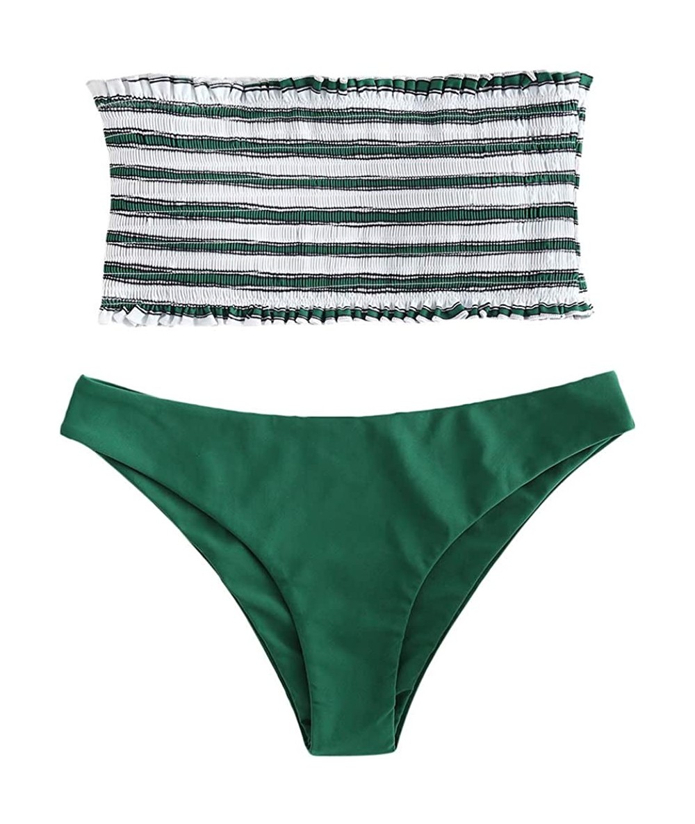 Sets Women's Striped Smocked Bandeau Strapless Two Piece Bikini Set Swimsuit Bathing Suits - Green - CZ196WSYOUQ $31.85