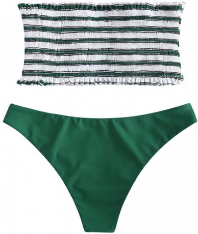 Sets Women's Striped Smocked Bandeau Strapless Two Piece Bikini Set Swimsuit Bathing Suits - Green - CZ196WSYOUQ $31.85