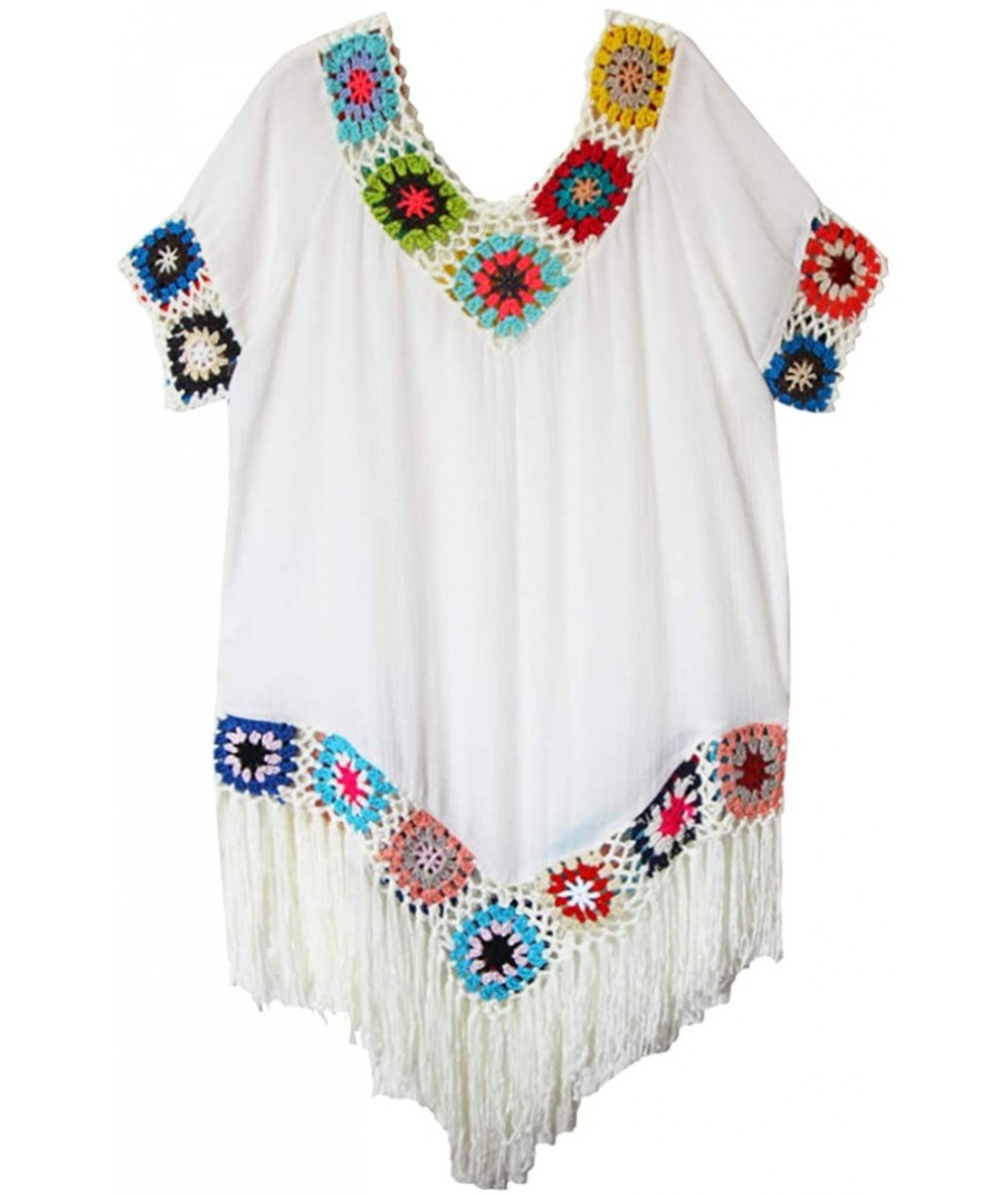 Cover-Ups Big Girl Crochet Beach Cover Up Swimsuit - White Tassel 2 - CJ18QGO444D $26.23