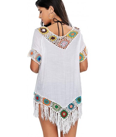 Cover-Ups Big Girl Crochet Beach Cover Up Swimsuit - White Tassel 2 - CJ18QGO444D $26.23