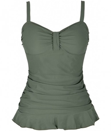 Tops Women's 50's Retro Ruched Tankini Swimsuit Top with Ruffle Hem - Army Green - CY18GWHQTD4 $42.87