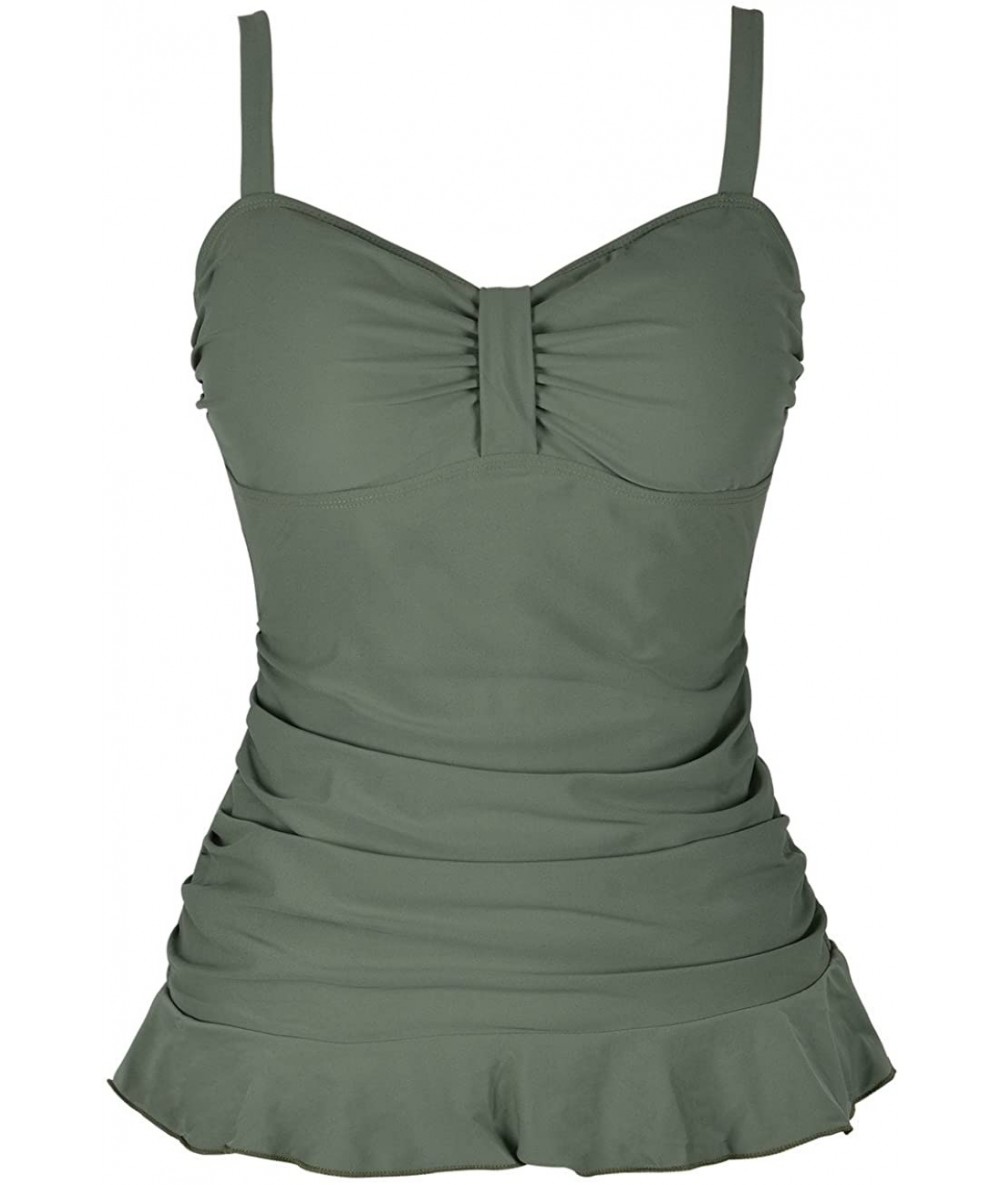 Tops Women's 50's Retro Ruched Tankini Swimsuit Top with Ruffle Hem - Army Green - CY18GWHQTD4 $42.87