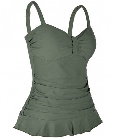 Tops Women's 50's Retro Ruched Tankini Swimsuit Top with Ruffle Hem - Army Green - CY18GWHQTD4 $42.87