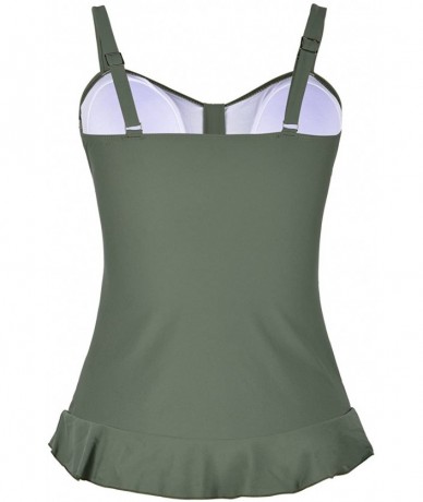 Tops Women's 50's Retro Ruched Tankini Swimsuit Top with Ruffle Hem - Army Green - CY18GWHQTD4 $42.87