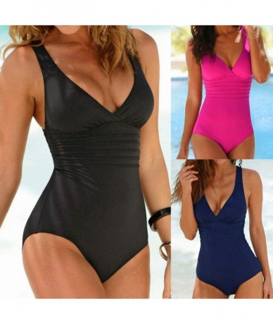 One-Pieces Swimsuits for Women One Piece Summer Sexy Deep V Neck Backless Soild Swimwear Beachwear Swimsuit Monokini Set Blac...