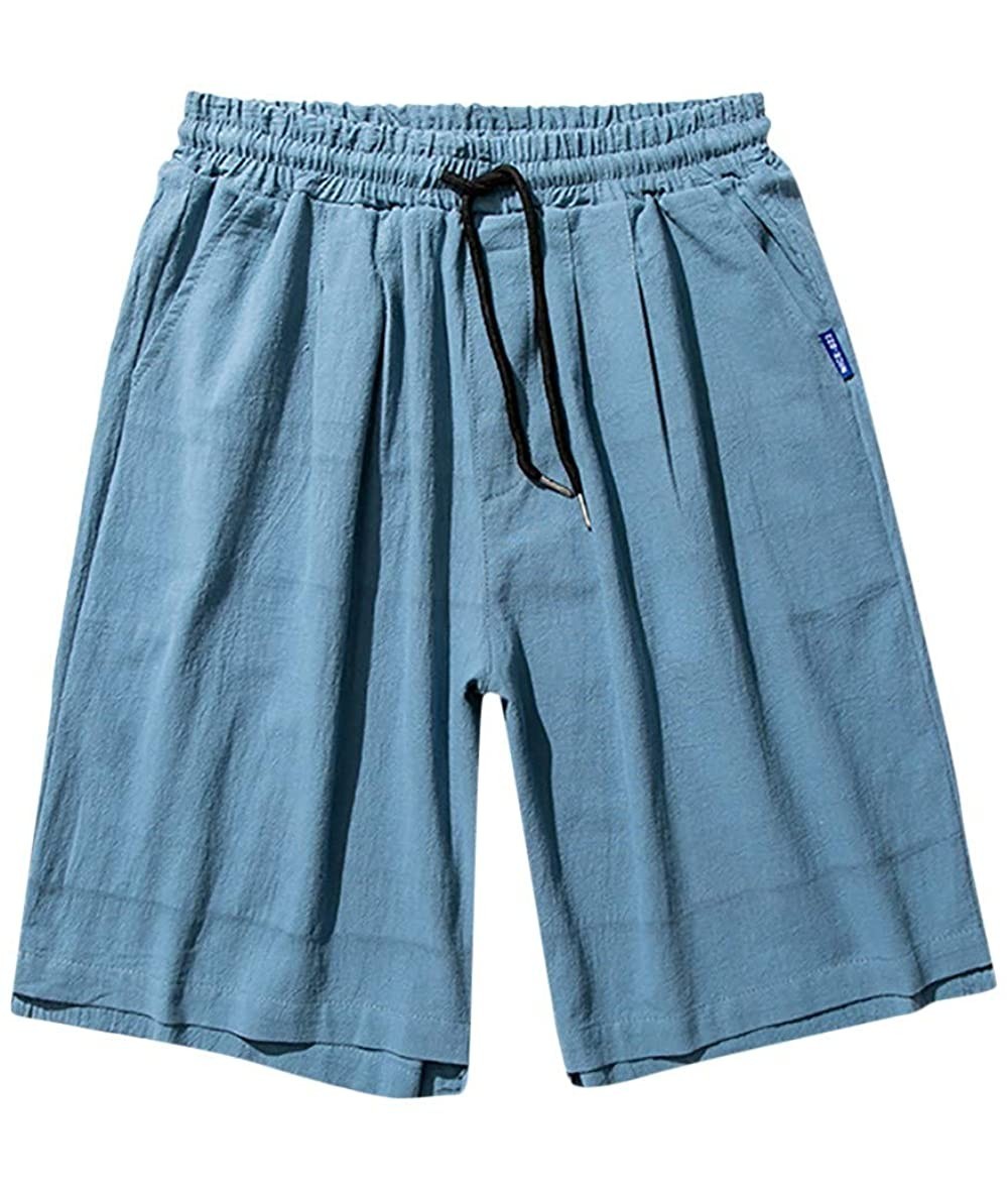 Racing Men Athletic Shorts Summer Casual Linen Pants Solid Colors Beach Shorts Swim Trunks Trousers with Pockets - Blue - C61...