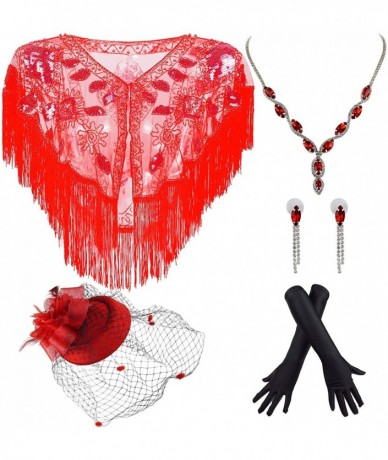 Cover-Ups 1920s Shawl Sequin Beaded Cape Bolero Flapper Cover Up w/ 20s Accessories Set - Style 3 Red - C419CGCW9K0 $63.18