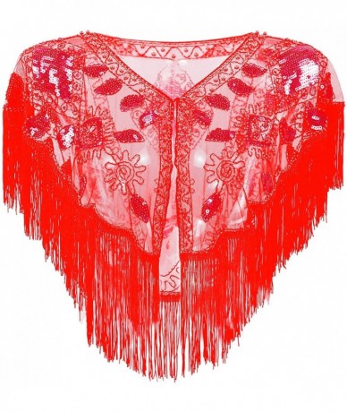 Cover-Ups 1920s Shawl Sequin Beaded Cape Bolero Flapper Cover Up w/ 20s Accessories Set - Style 3 Red - C419CGCW9K0 $63.18