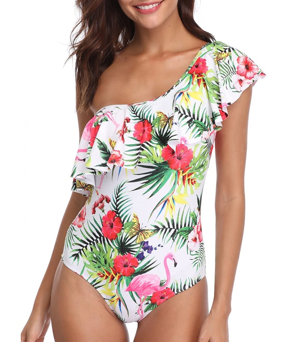 One-Pieces One Piece Swimsuits for Women Flamingo Swimwear One Shoulder Ruffled Flounce Monokini Bathing Suit - Floral - CD18...