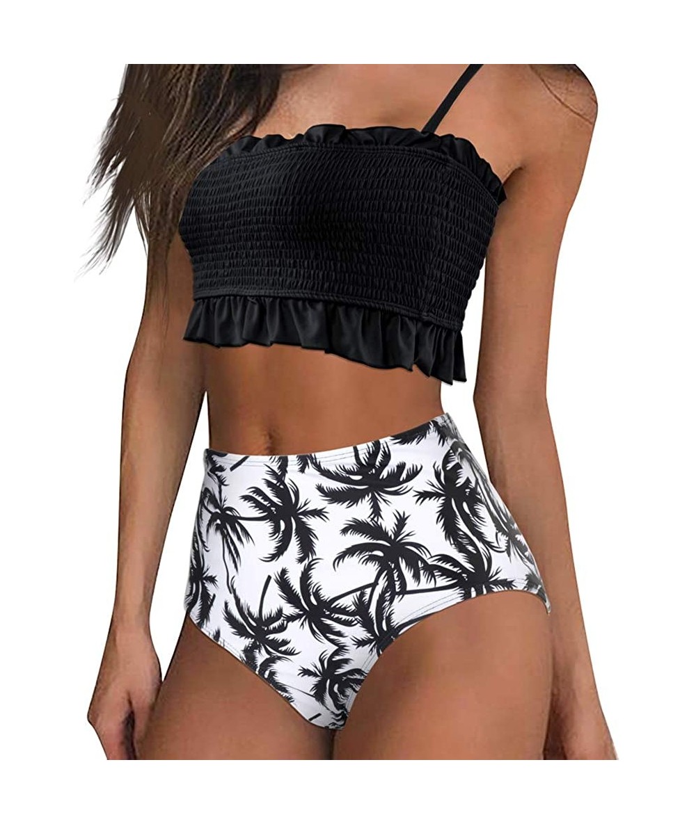 Sets Women's Shirred Bandeau Bikini Top High Waisted Bottom 2 Piece Swimsuits Bikini Set - Black - CY18WT8W306 $49.69