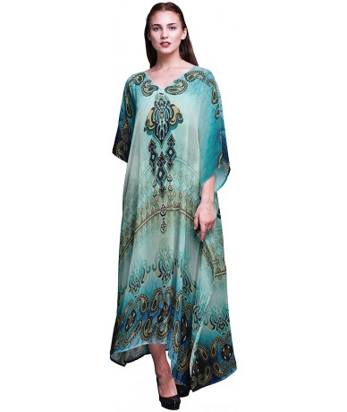 Cover-Ups Ladies Plus Size Kaftan Summer Wear Beach Coverup Kimono Caftan - Turquoise Blue - CM18RHMALGC $51.81