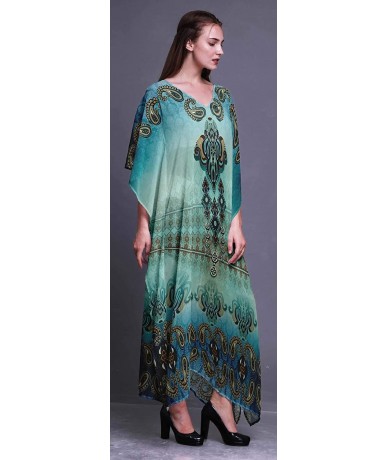 Cover-Ups Ladies Plus Size Kaftan Summer Wear Beach Coverup Kimono Caftan - Turquoise Blue - CM18RHMALGC $51.81