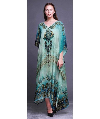 Cover-Ups Ladies Plus Size Kaftan Summer Wear Beach Coverup Kimono Caftan - Turquoise Blue - CM18RHMALGC $51.81