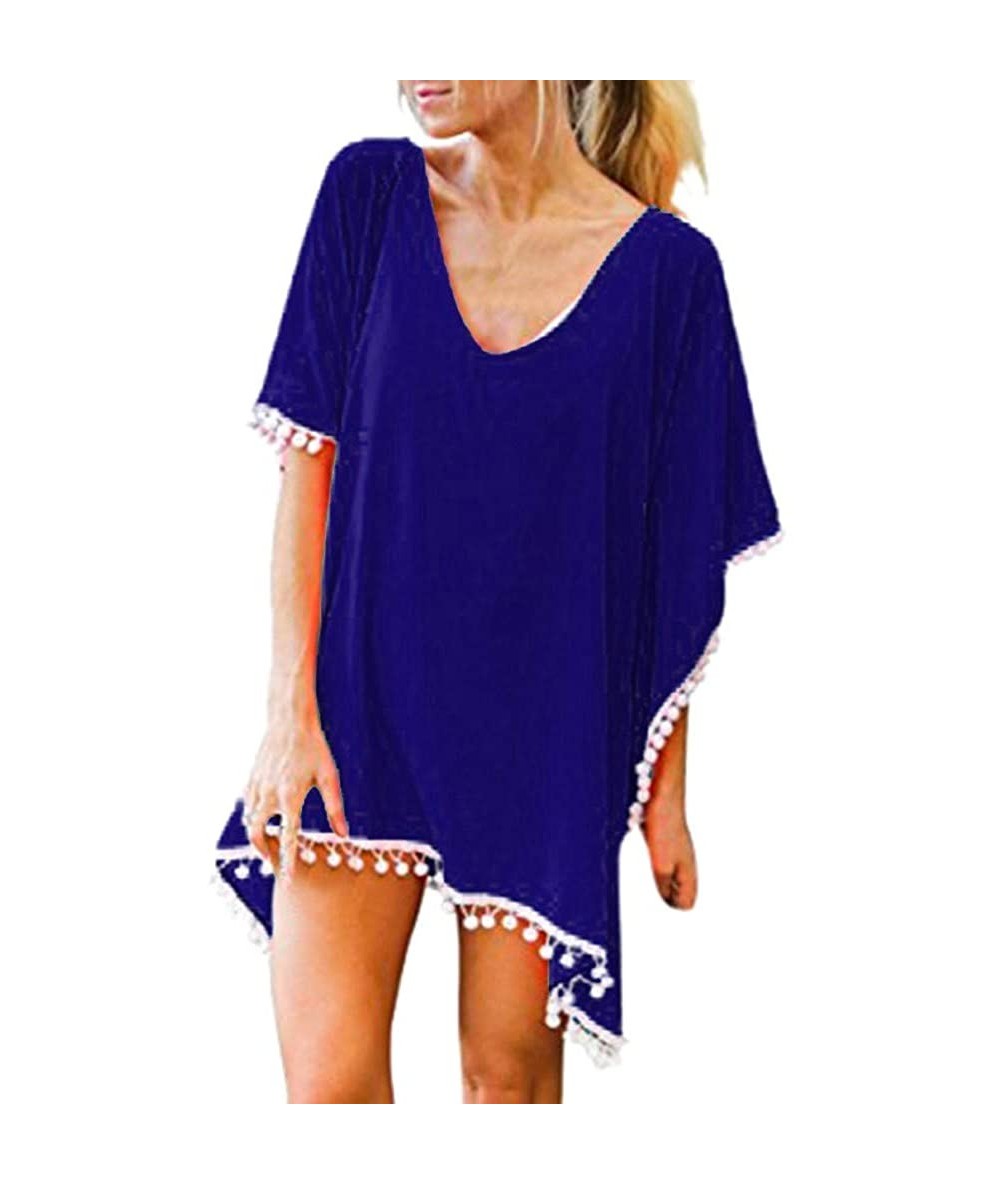 Sets Women's Summer Loose Soft and Light Swimsuit Bikini Beach Swimwear Bathing Suit Tassels Cover up Blouse Tops Blue - C518...