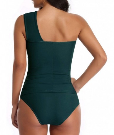 Tankinis Women Tankini Ruched One Shoulder Tummy Control Top High Neck Swimsuits - Dark Green - C218Y9QHTGQ $58.51