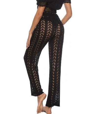 Cover-Ups Womens Cover Up Pants Sexy Hollow Out Crochet High Waist Mesh Fishnet Beach Bikini Swimsuits Pants - A-black - CE18...