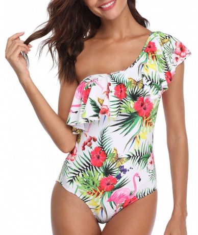 One-Pieces One Piece Swimsuits for Women Flamingo Swimwear One Shoulder Ruffled Flounce Monokini Bathing Suit - Floral - CD18...