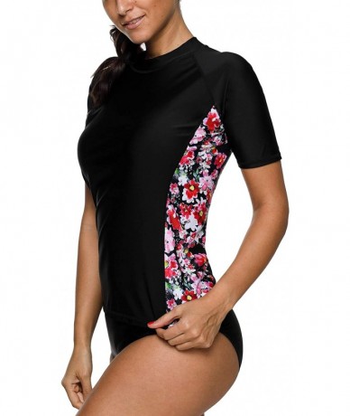 Rash Guards Women Rash Guard Short Sleeve Printed Swim Shirt Sun Protection Swimsuit Top - Red - CT18LXYT906 $28.44