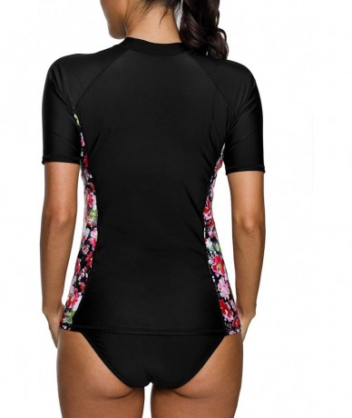 Rash Guards Women Rash Guard Short Sleeve Printed Swim Shirt Sun Protection Swimsuit Top - Red - CT18LXYT906 $28.44