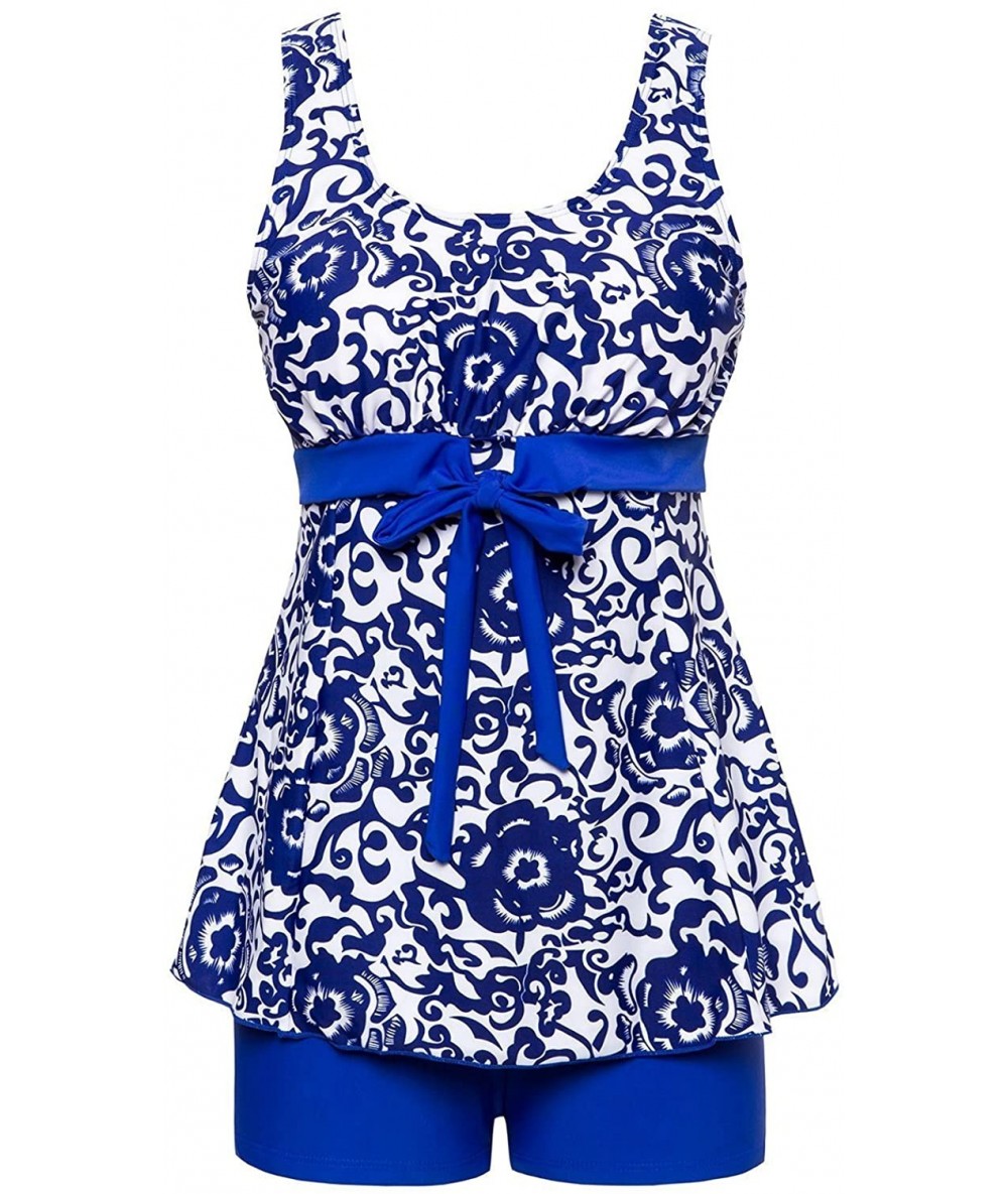 One-Pieces Women's Racerback Tankini SwimSwimwear Floral Printed Two Piece Bathing Swimwear - Sapphire Blue - CZ126RASUWH $49.82