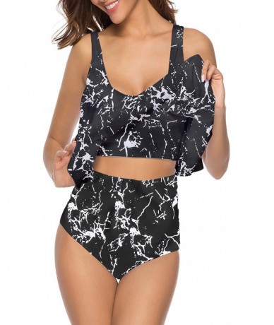 Sets Marina Womens Suits Two Pieces Flounce Top High Waist Bottom Tankini Sets Flowy Beach Swimwear - 11black Marble - CK18WG...