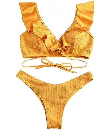 Sets Womens Ruffle Swimsuit Low Waist Bikini Sets Tie Knot Front Two Piece Swimwear Beachwear. - Yellow - C2199OOKQ38 $36.22