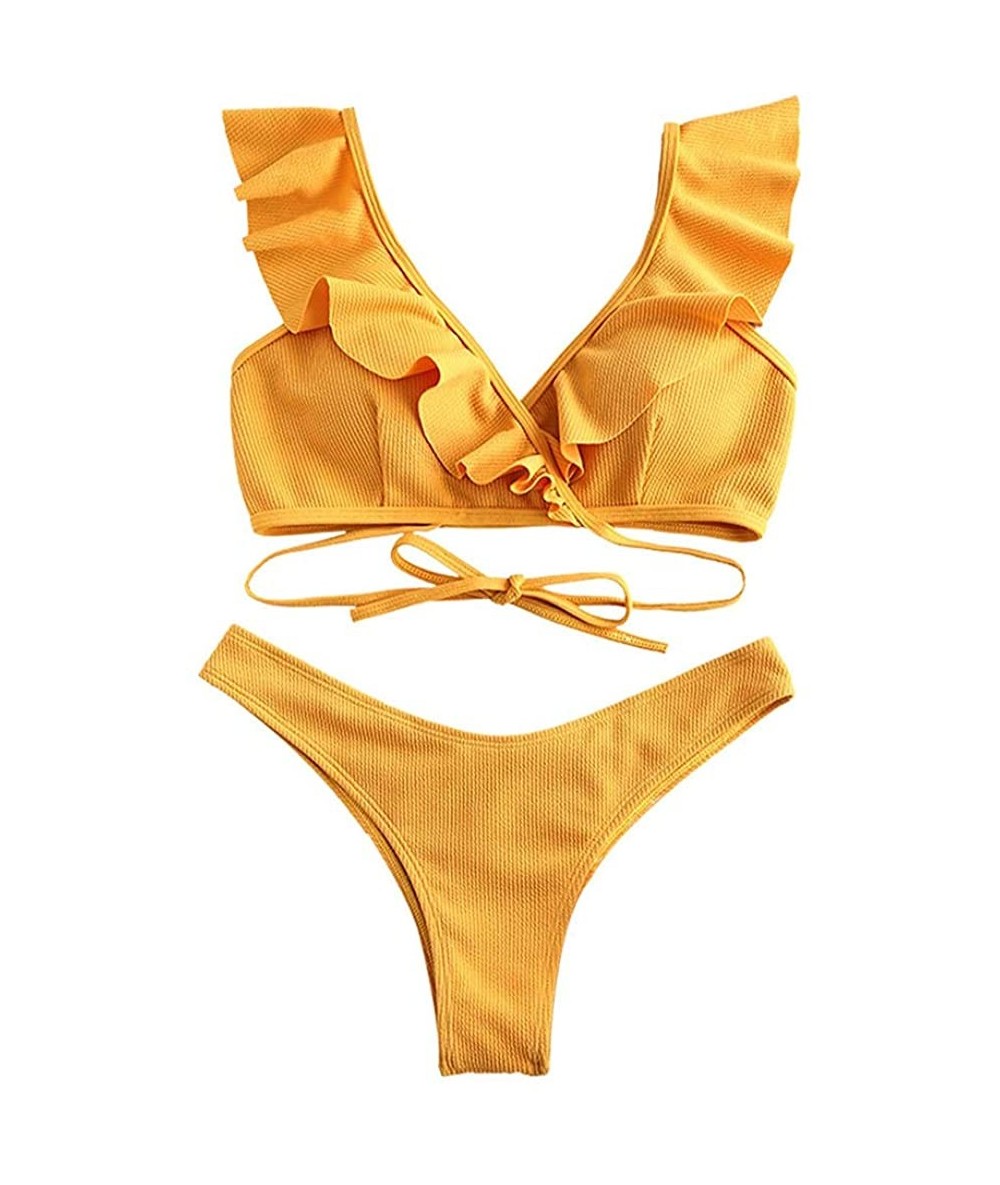 Sets Womens Ruffle Swimsuit Low Waist Bikini Sets Tie Knot Front Two Piece Swimwear Beachwear. - Yellow - C2199OOKQ38 $36.22