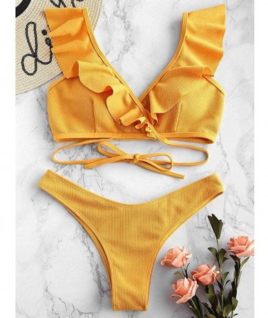 Sets Womens Ruffle Swimsuit Low Waist Bikini Sets Tie Knot Front Two Piece Swimwear Beachwear. - Yellow - C2199OOKQ38 $36.22