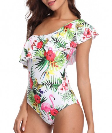 One-Pieces One Piece Swimsuits for Women Flamingo Swimwear One Shoulder Ruffled Flounce Monokini Bathing Suit - Floral - CD18...