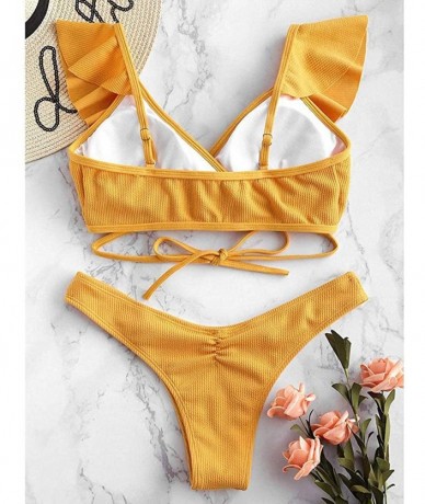 Sets Womens Ruffle Swimsuit Low Waist Bikini Sets Tie Knot Front Two Piece Swimwear Beachwear. - Yellow - C2199OOKQ38 $36.22