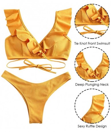 Sets Womens Ruffle Swimsuit Low Waist Bikini Sets Tie Knot Front Two Piece Swimwear Beachwear. - Yellow - C2199OOKQ38 $36.22